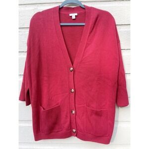 J Jill Cardigan Sweater 3/4 Sleeve V Neck Red Burgundy Pockets Sz Medium Career